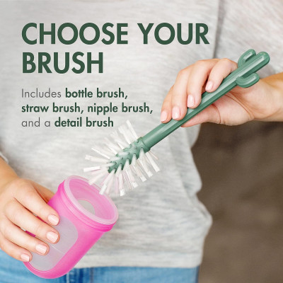 Boon CACTI Bottle Cleaning System - Set of 4 brushes with vase (Brown & Dark Green)