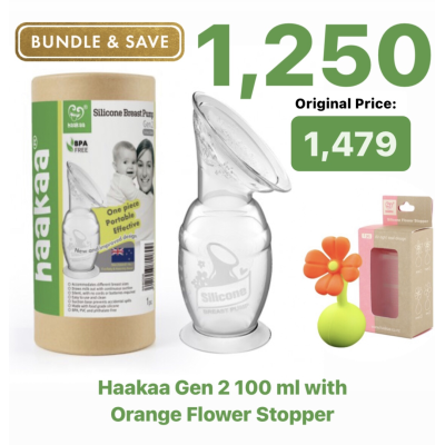 Haakaa Gen 2 100ml Silicone Breast Pump & Orange Flower Stopper Bundle
