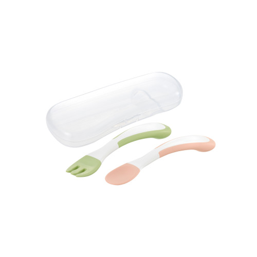 Richell TLI Easy-Grip Spoon & Fork w/ Case Milk & Honey PH
